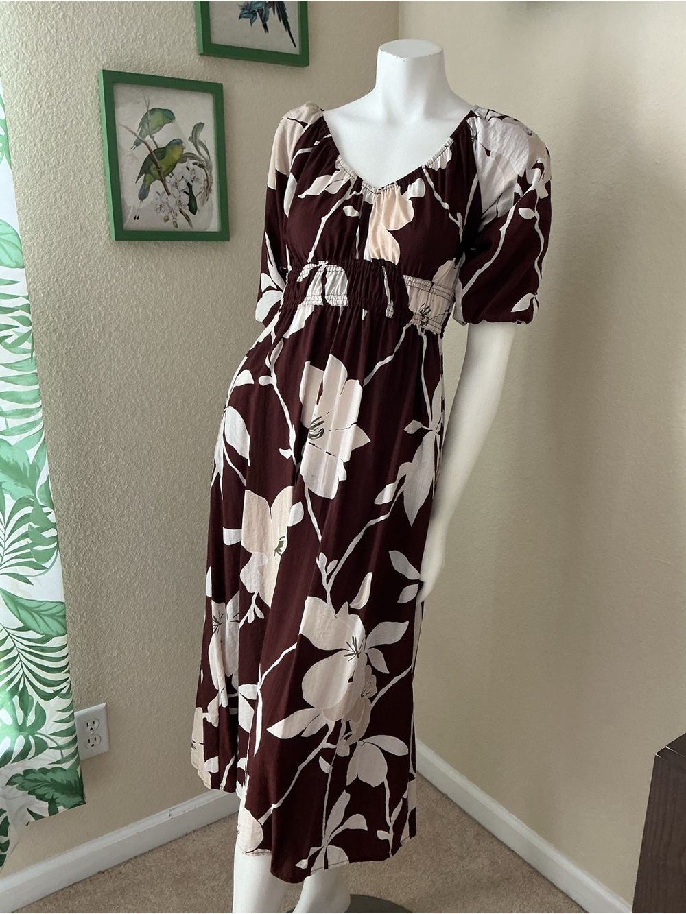 LOFT Outlet Brown Midi Dress with Cream Floral Print XSP